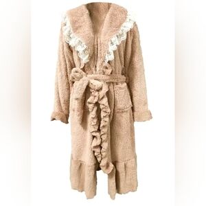 Cozy Tan Fleece Robe with Lace Trim Women's Plus Size 1X